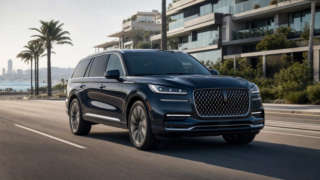 2027 Lincoln Aviator style luxury SUV on a coastal road