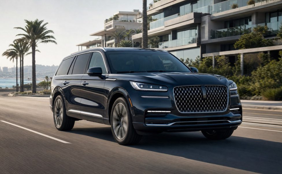 2027 Lincoln Aviator style luxury SUV on a coastal road