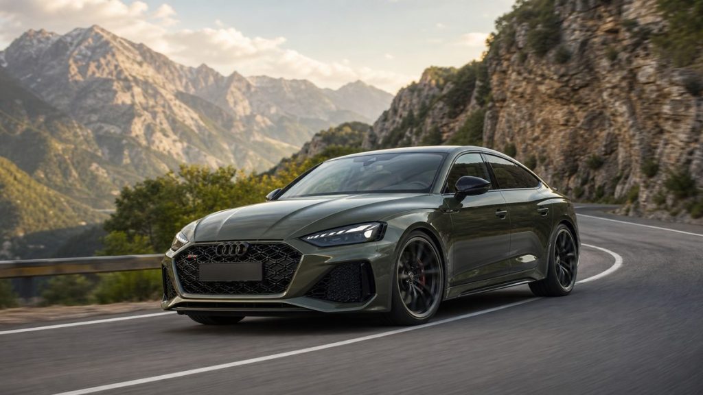 Bedford green 2027 Audi RS 5 Sedan cornering on a mountain road
