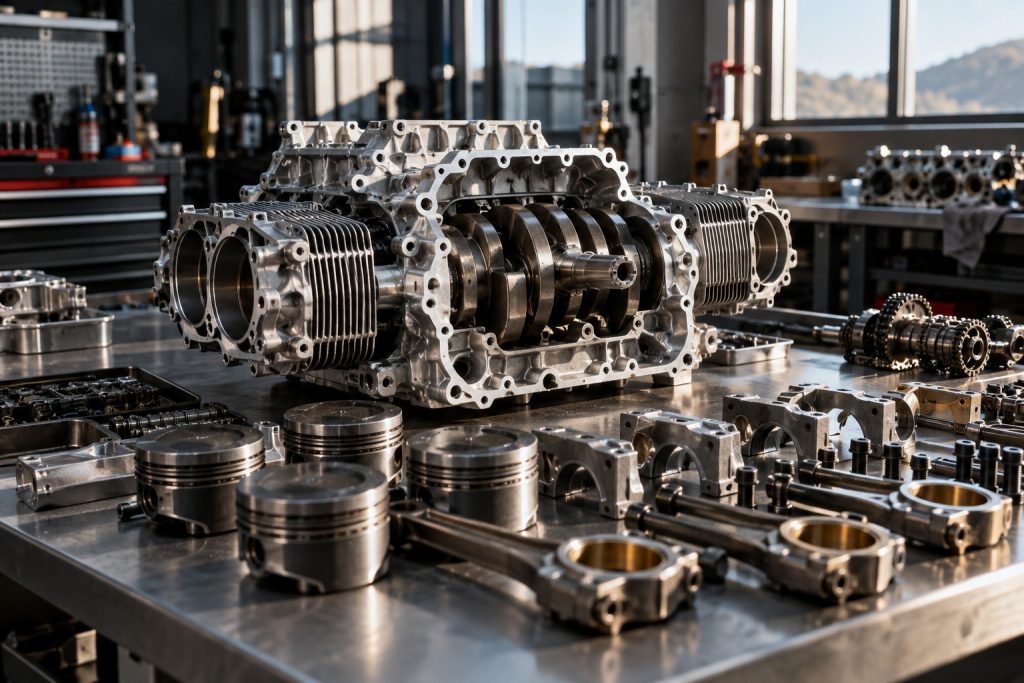 Horizontally opposed engine components on a workshop bench