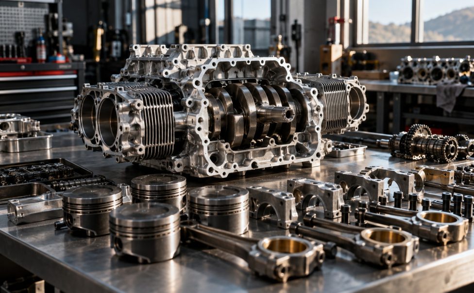 Horizontally opposed engine components on a workshop bench